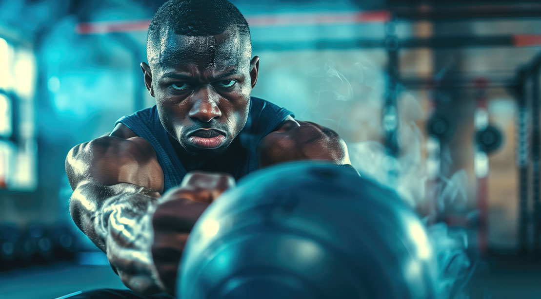 A Fit and focused muscular man performing medicine ball workouts