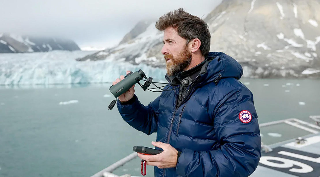 Aldo Kane on a boat in the arctic