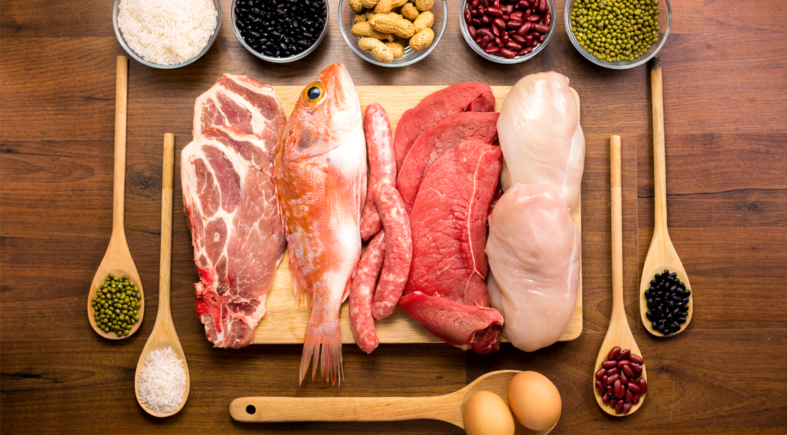 Different Types of Protein-Rich foods On a Table including Beans, Legumes,Meat,Fish,Egg