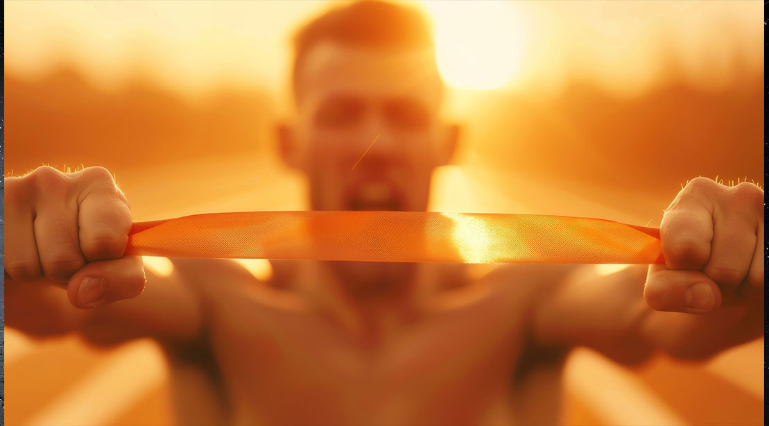 Fit man screaming and holding a resistance band to perform a chaos pallof press exercise