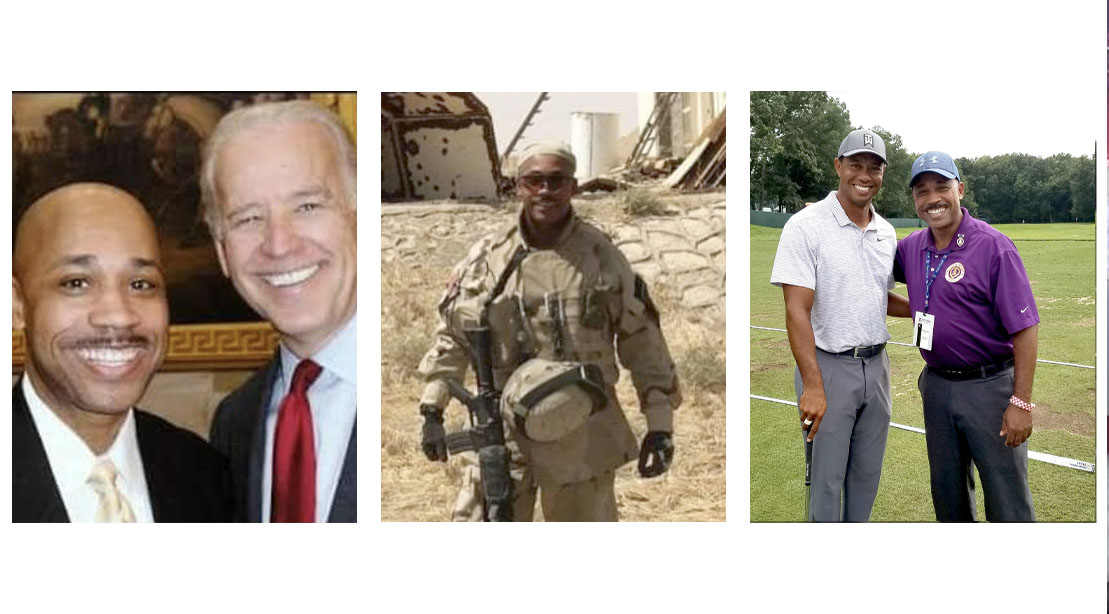 Purple Heart Recipient Charles Eggleston with President Biden and golfer Tiger Woods