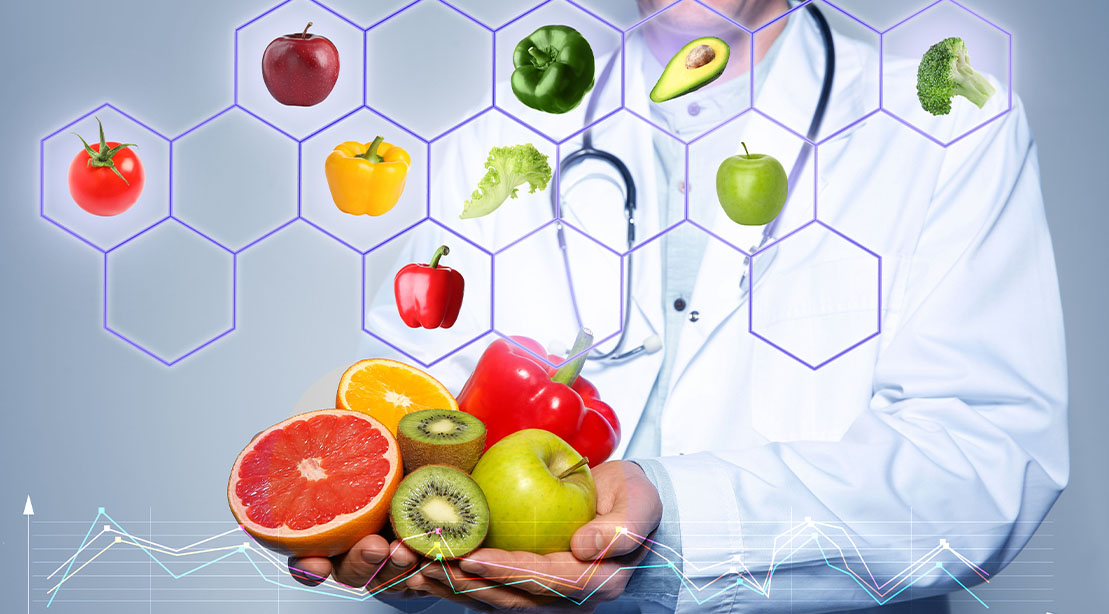 Researcher wearing a lab coat holding vegetables promoting a ketodiet improving mental health